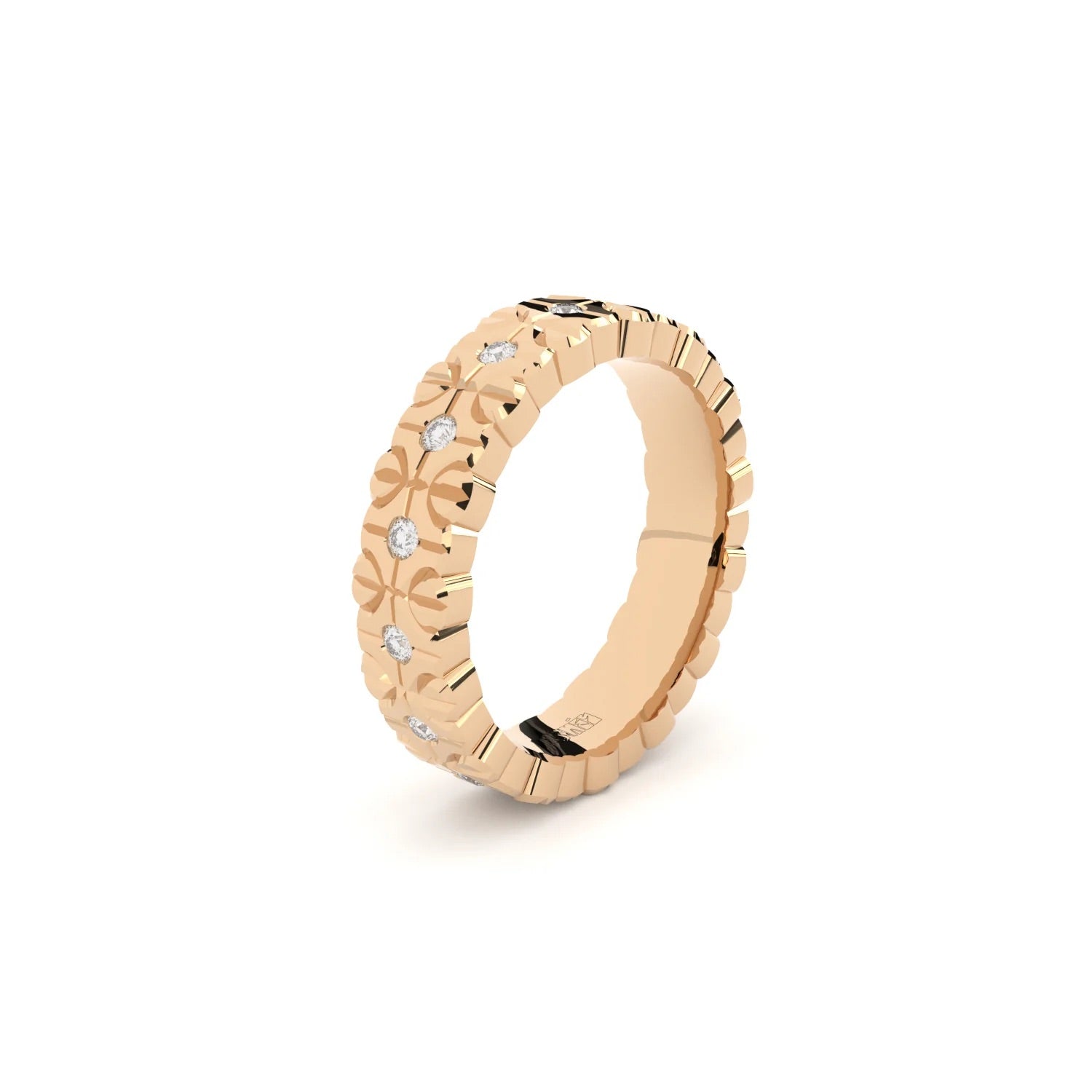 Modern and edgy yet comfortable and timeless wedding ring. Wedding ring handcrafted in solid recycled rose gold, decorated with premium lab grown diamonds.