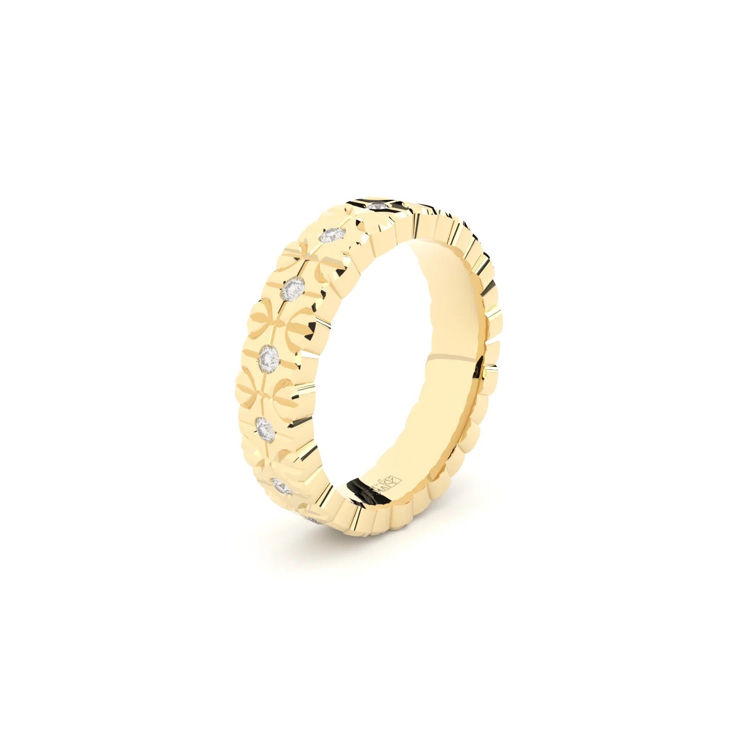 Modern and edgy yet comfortable and timeless wedding ring. Wedding ring handcrafted in solid recycled yellow gold, decorated with premium lab grown diamonds.