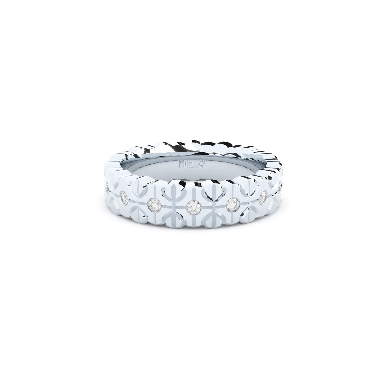 Modern and edgy yet comfortable and timeless wedding ring. Wedding ring handcrafted in solid recycled white gold, decorated with premium lab grown diamonds.