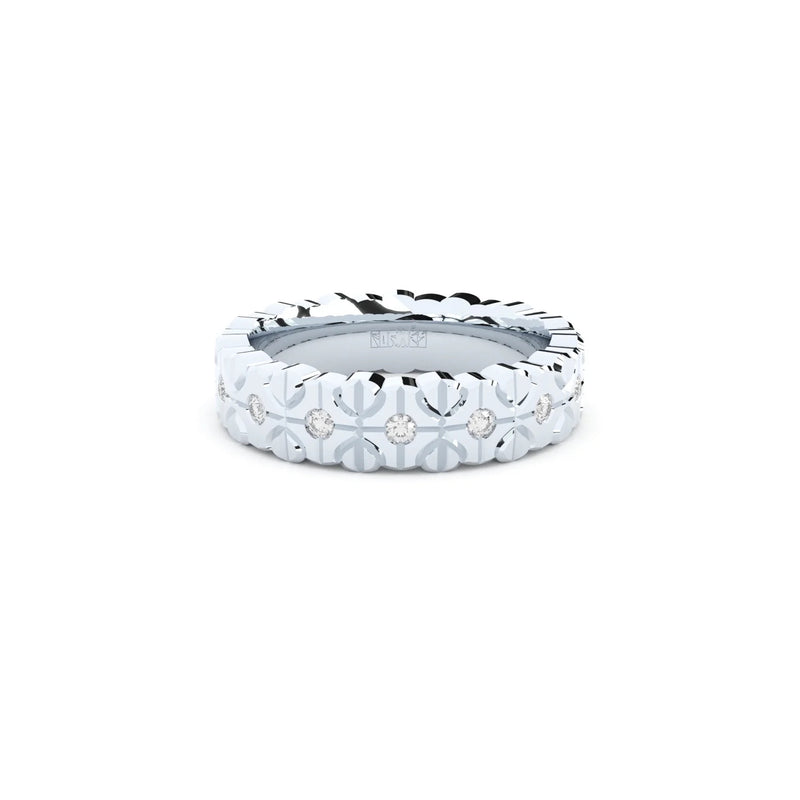 Modern and edgy yet comfortable and timeless wedding ring. Wedding ring handcrafted in solid recycled white gold, decorated with premium lab grown diamonds.