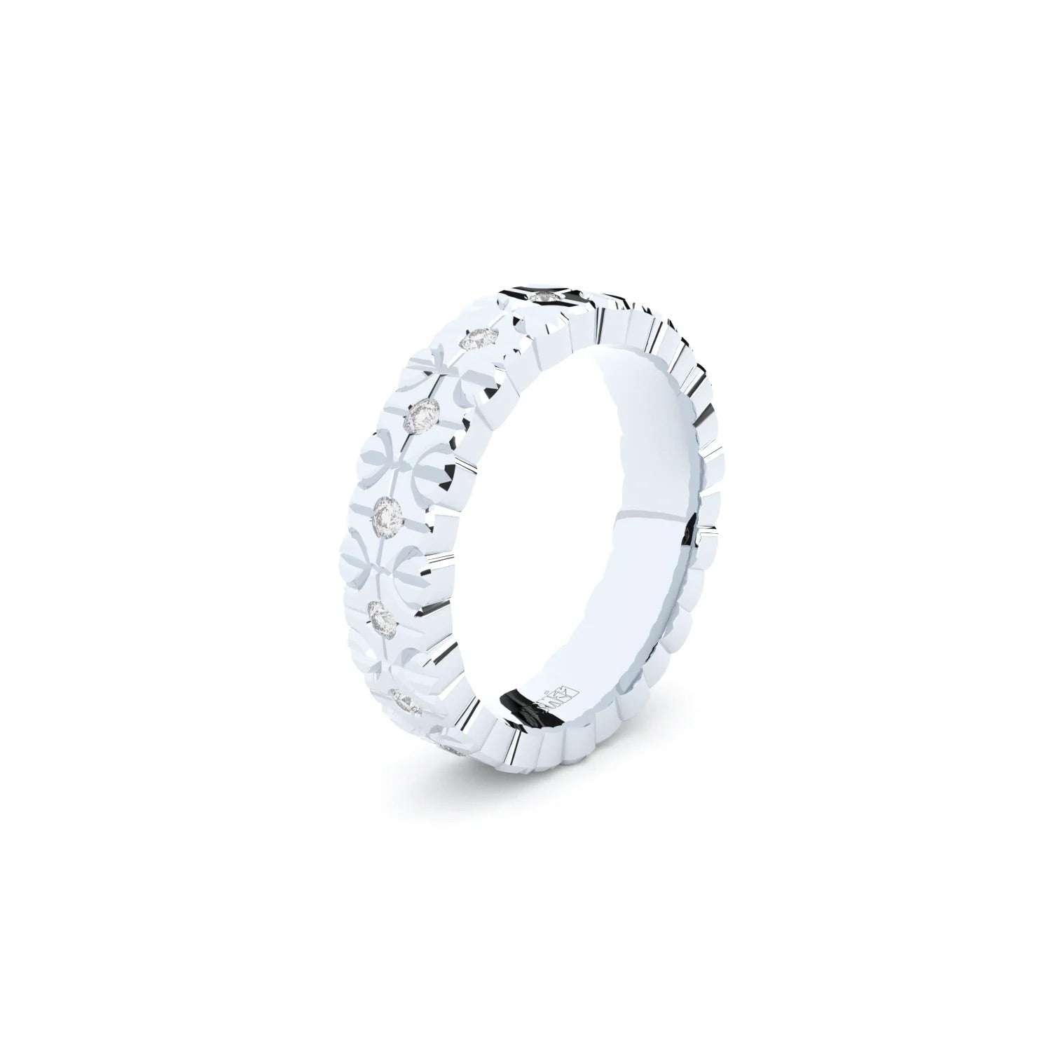 Modern and edgy yet comfortable and timeless wedding ring. Wedding ring handcrafted in solid recycled white gold, decorated with premium lab grown diamonds.