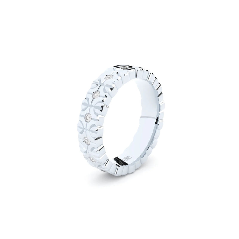 Modern and edgy yet comfortable and timeless wedding ring. Wedding ring handcrafted in solid recycled white gold, decorated with premium lab grown diamonds.