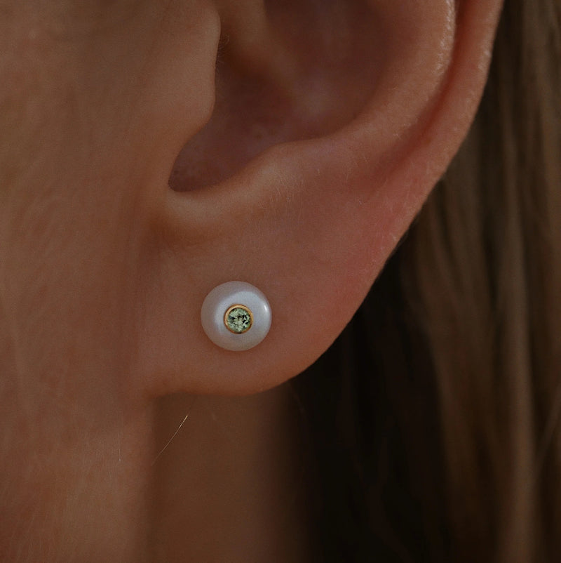 Gold Plated Silver Stud Earrings with Pearls and Peridot "Fiona"