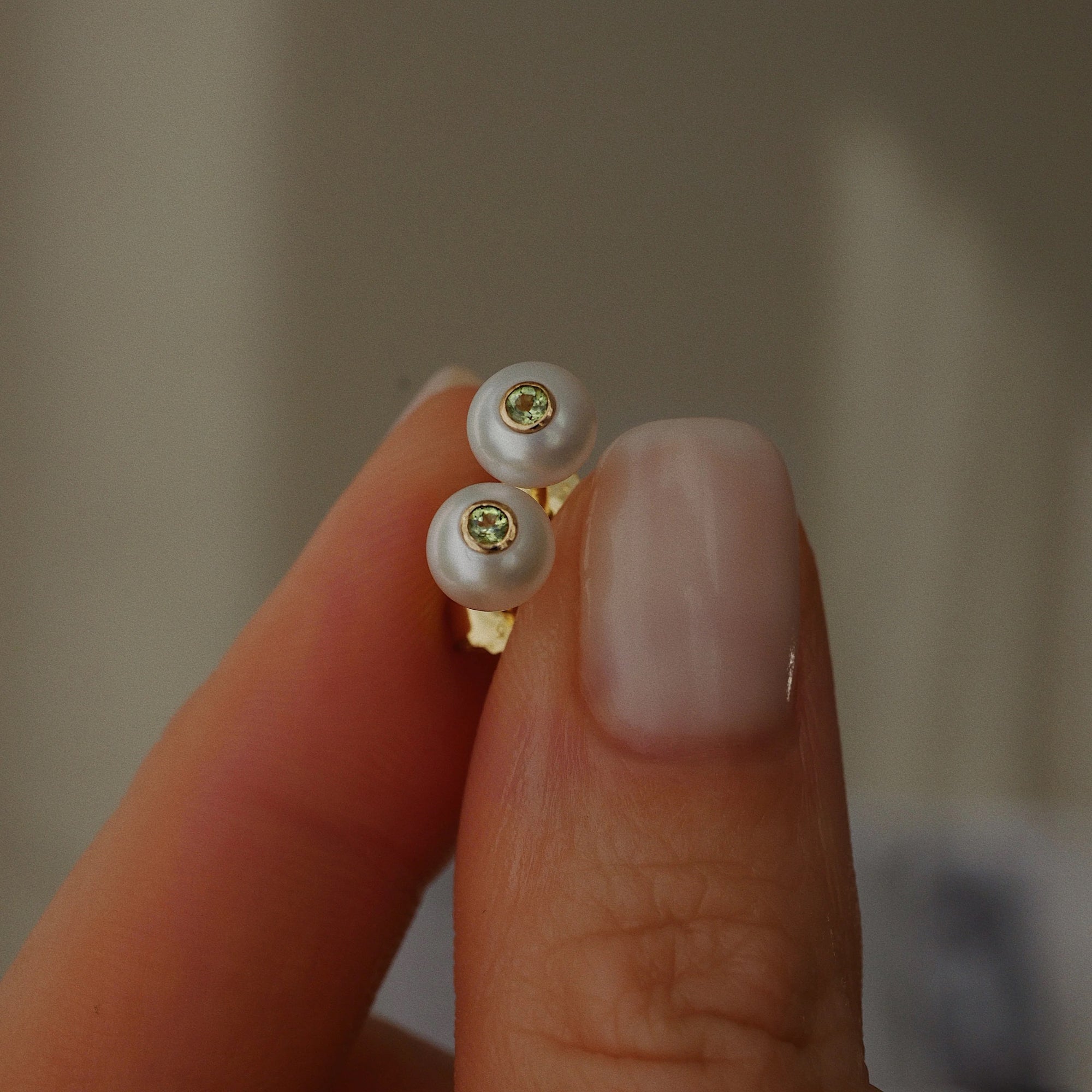 Gold Plated Silver Stud Earrings with Pearls and Peridot "Fiona"