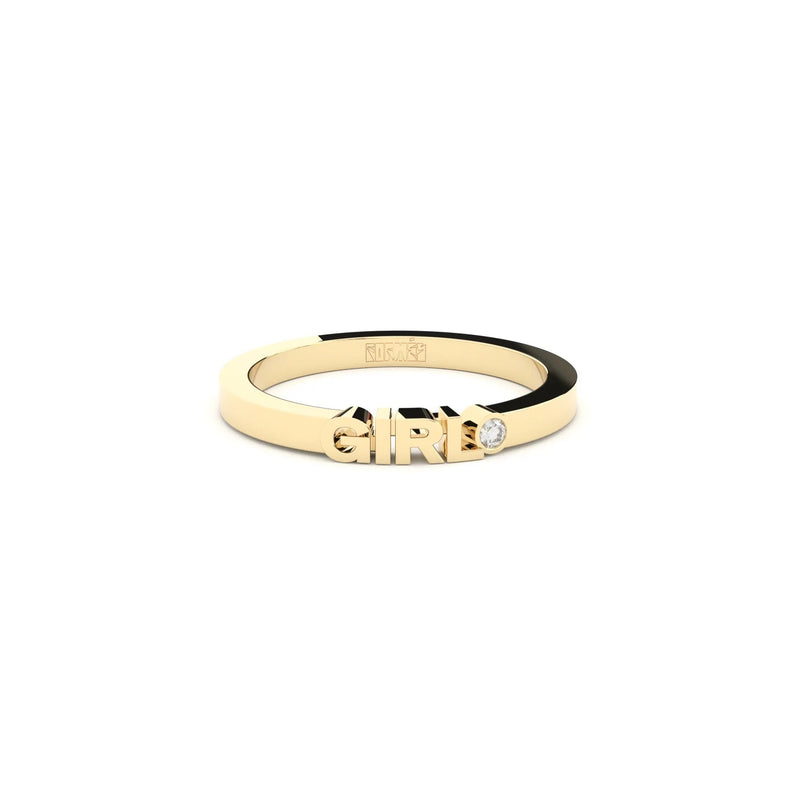 A solid yellow gold ring with the finest quality laboratory made diamond, featuring the inscription 'GIRL' on it.