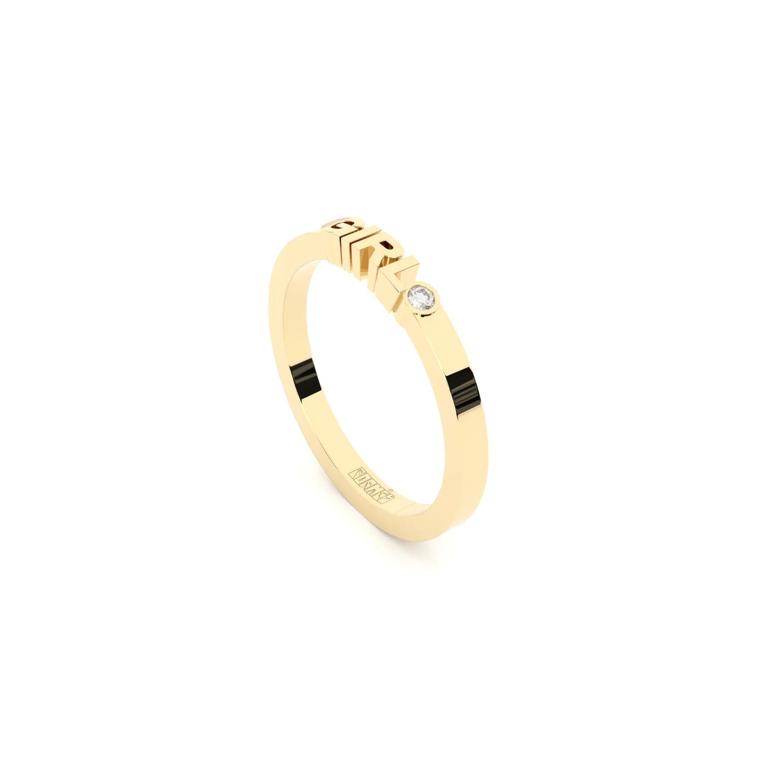 A solid yellow gold ring with the finest quality laboratory made diamond, featuring the inscription 'GIRL' on it.