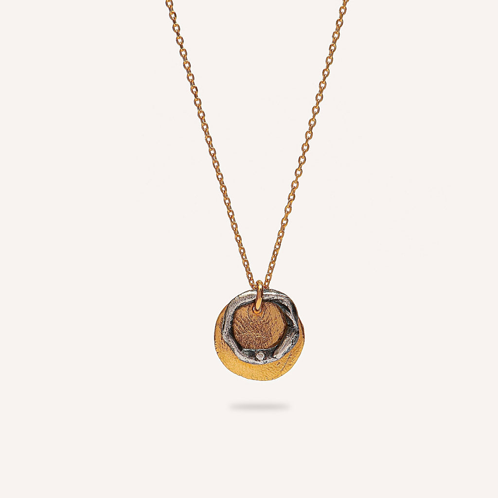 Gold Plated / Oxidized Silver Necklace with Diamond "Fingerprint & Rough Circle"