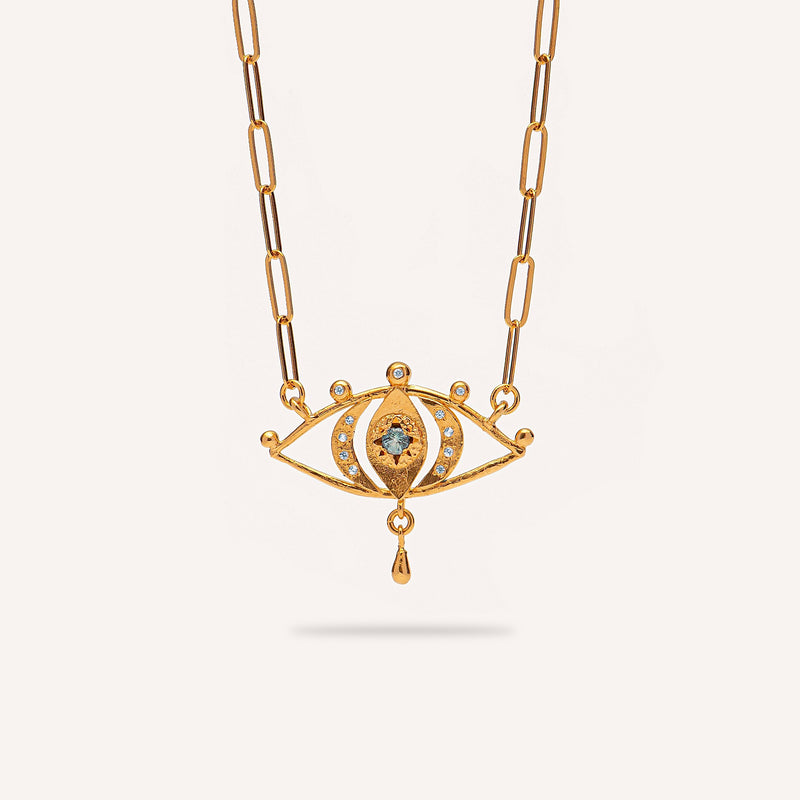 Gold Plated Silver Necklace with Aquamarine & Sapphires