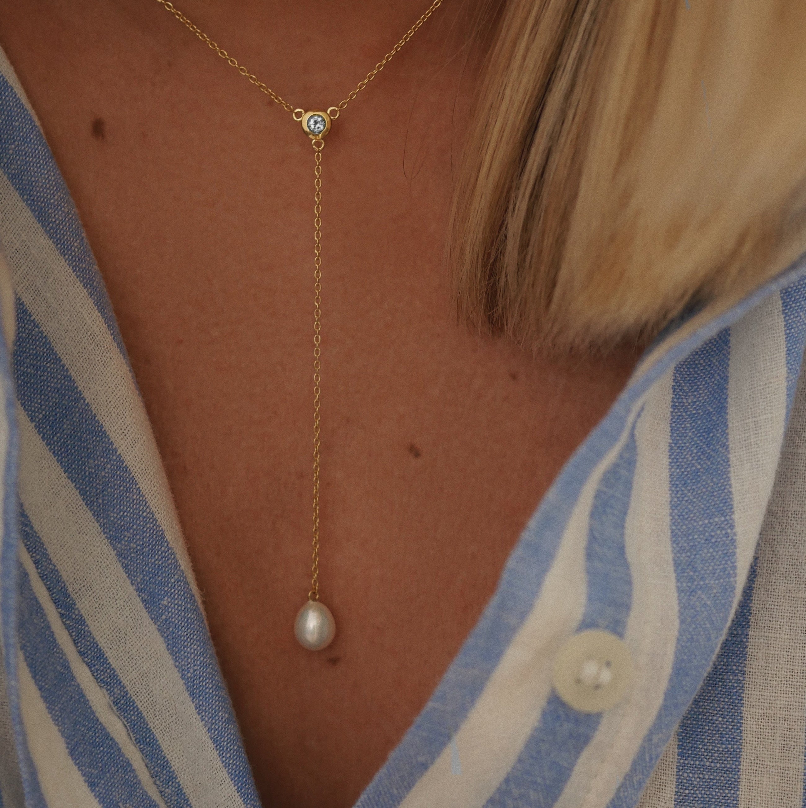 Gold Plated Silver Necklace with Pearl and Topaz "Valencia"