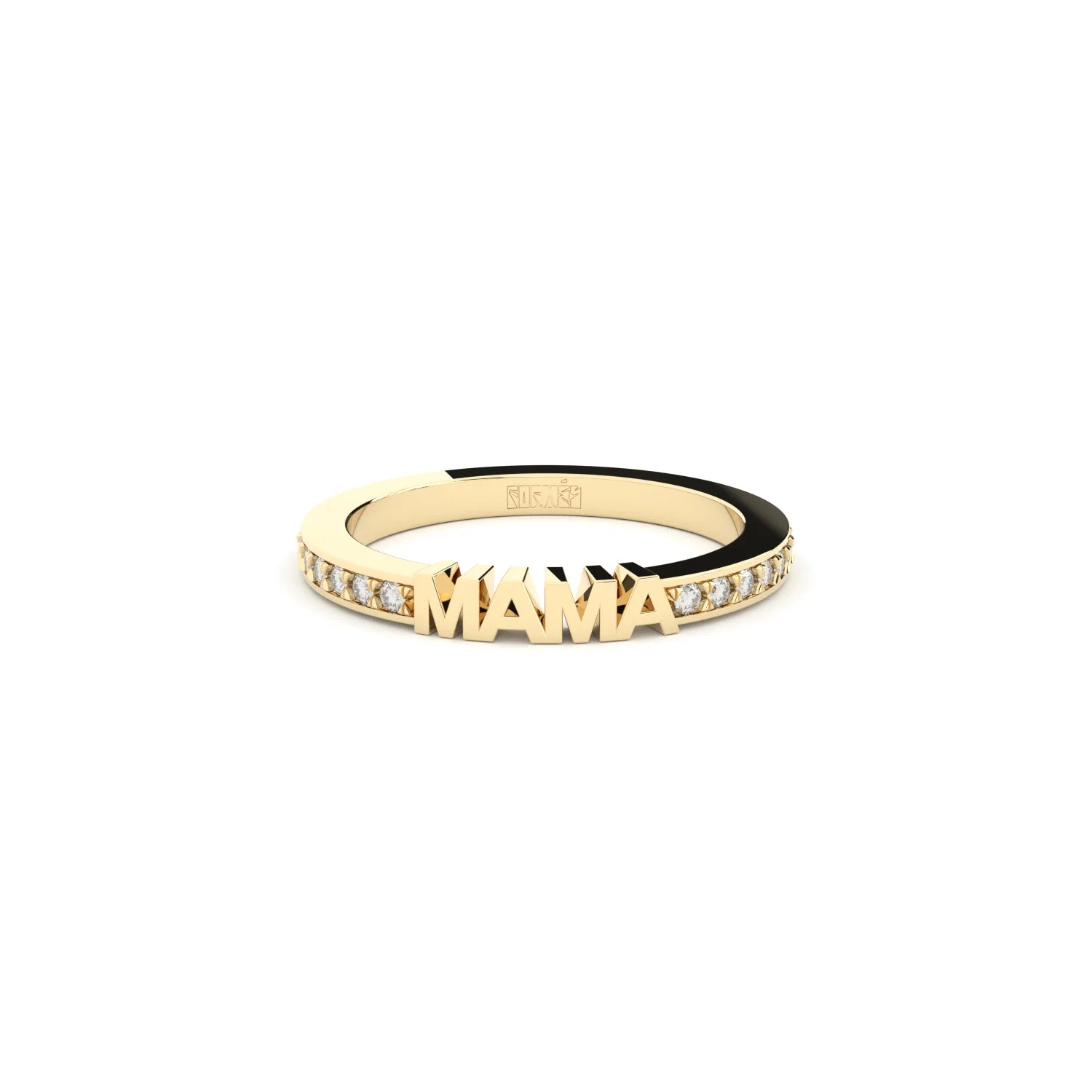 Yellow gold & diamonds band with word Mama by Formes.