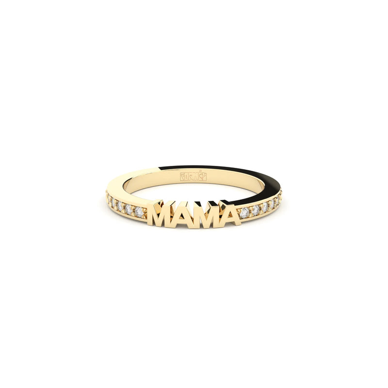 Yellow gold & diamonds band with word Mama by Formes.