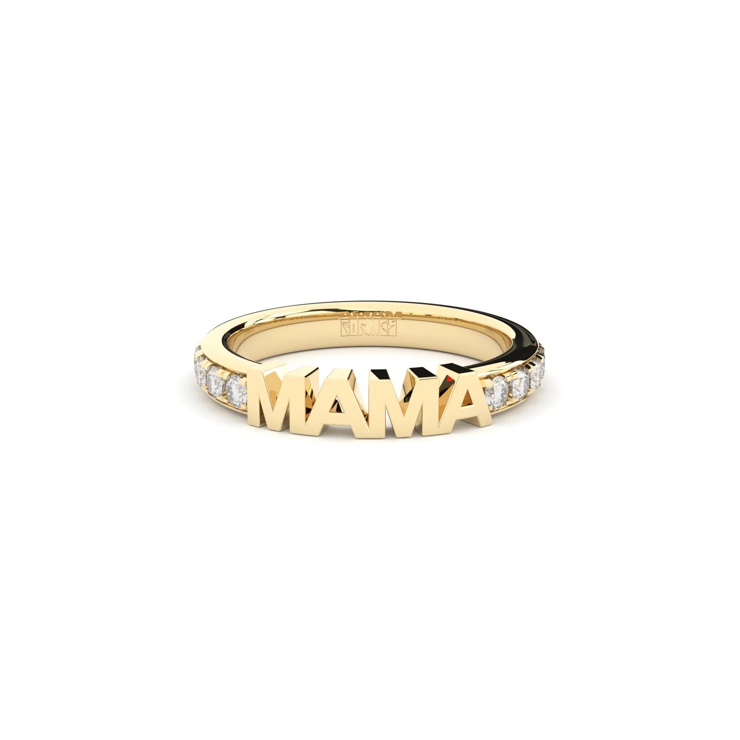 Yellow gold and diamonds ring with 'MAMA' engraving on a white background