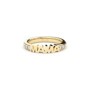 Yellow gold and diamonds ring with 'MAMA' engraving on a white background