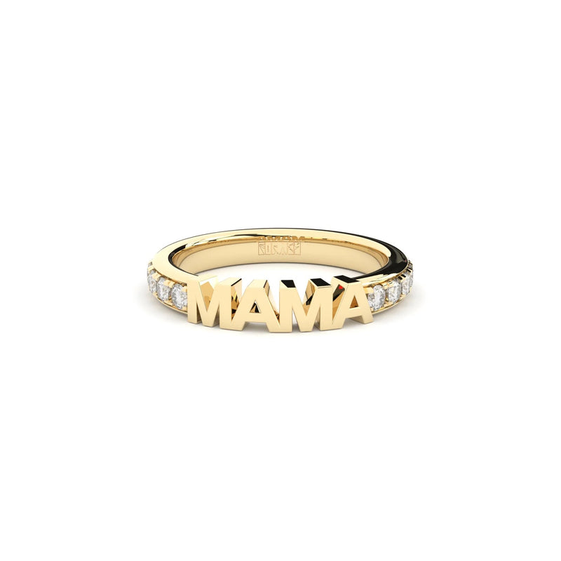 Yellow gold and diamonds ring with 'MAMA' engraving on a white background