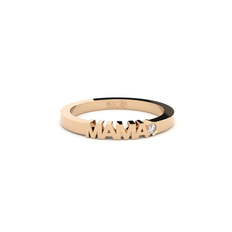 Rose gold ring with 'MAMA' engraving on a white background