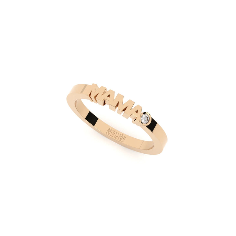 Rose gold ring 'MAMA' set with diamond on a white background