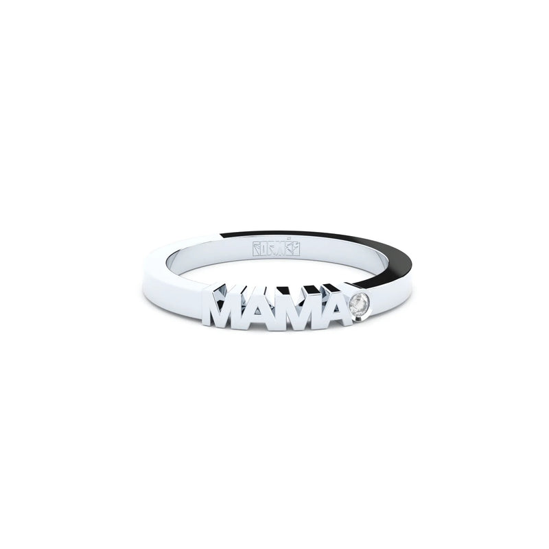White gold ring with word Mama set with single diamond.