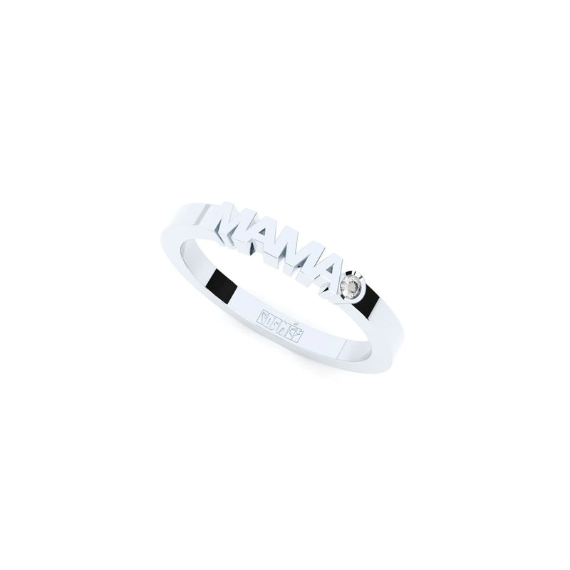 White gold ring with word Mama set with single diamond.