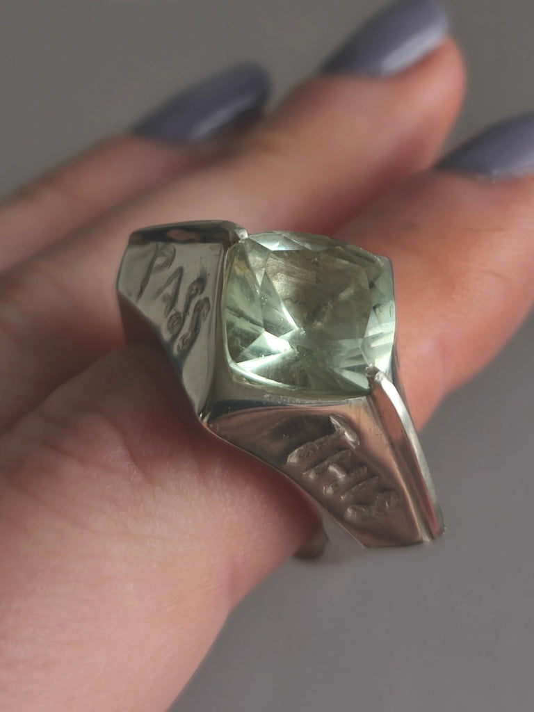 Silver Ring with Prasiolite "This Too Shall Pass"
