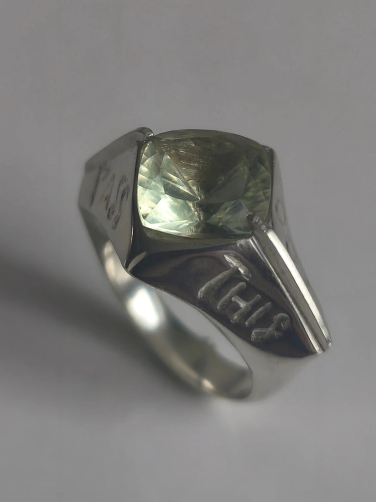 Silver Ring with Prasiolite "This Too Shall Pass"