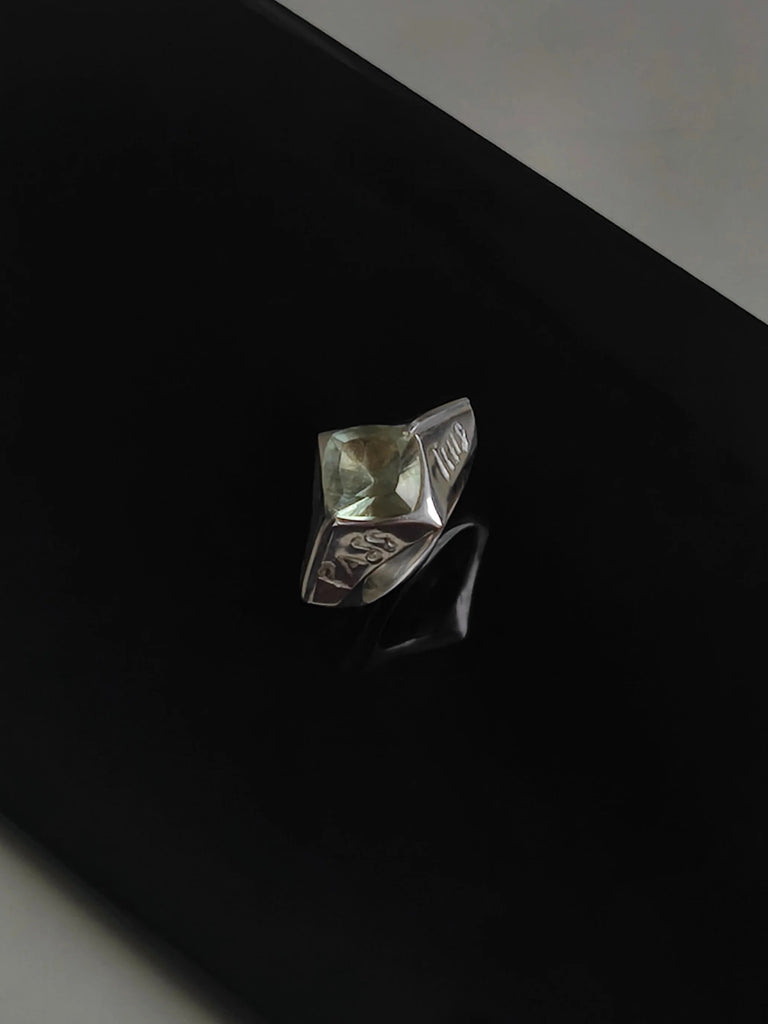 Silver Ring with Prasiolite "This Too Shall Pass"