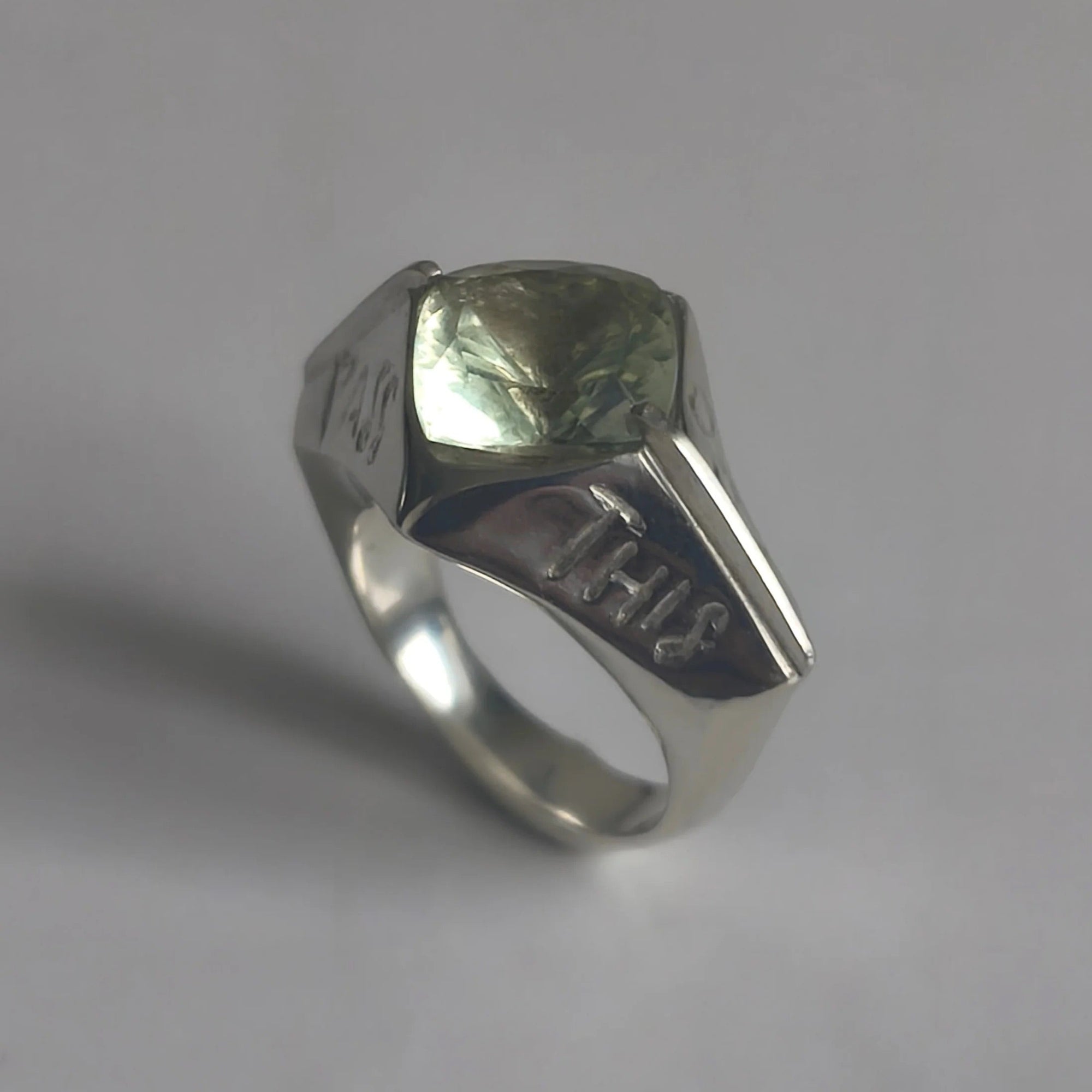 Silver Ring with Prasiolite "This Too Shall Pass"