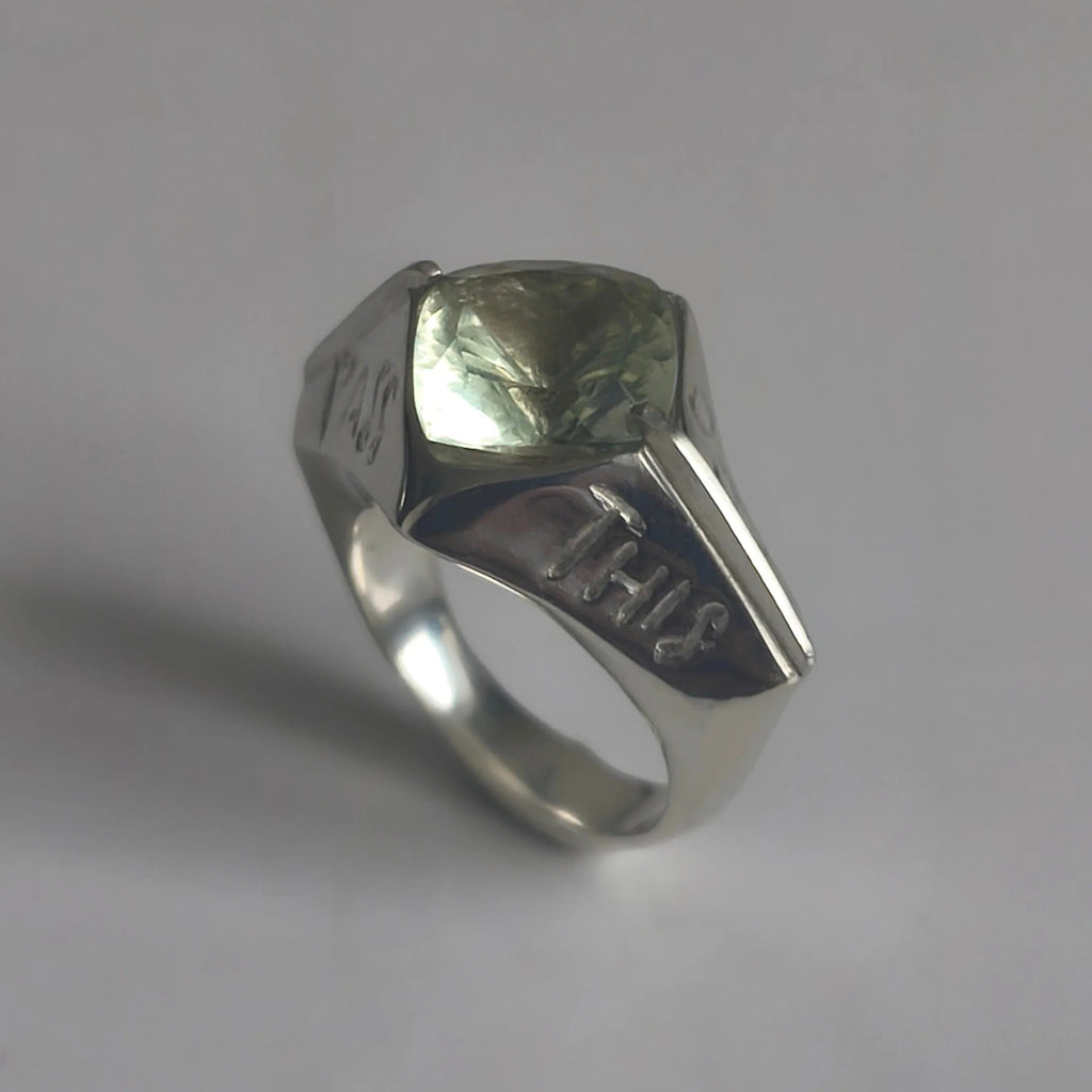 Silver Ring with Prasiolite "This Too Shall Pass"
