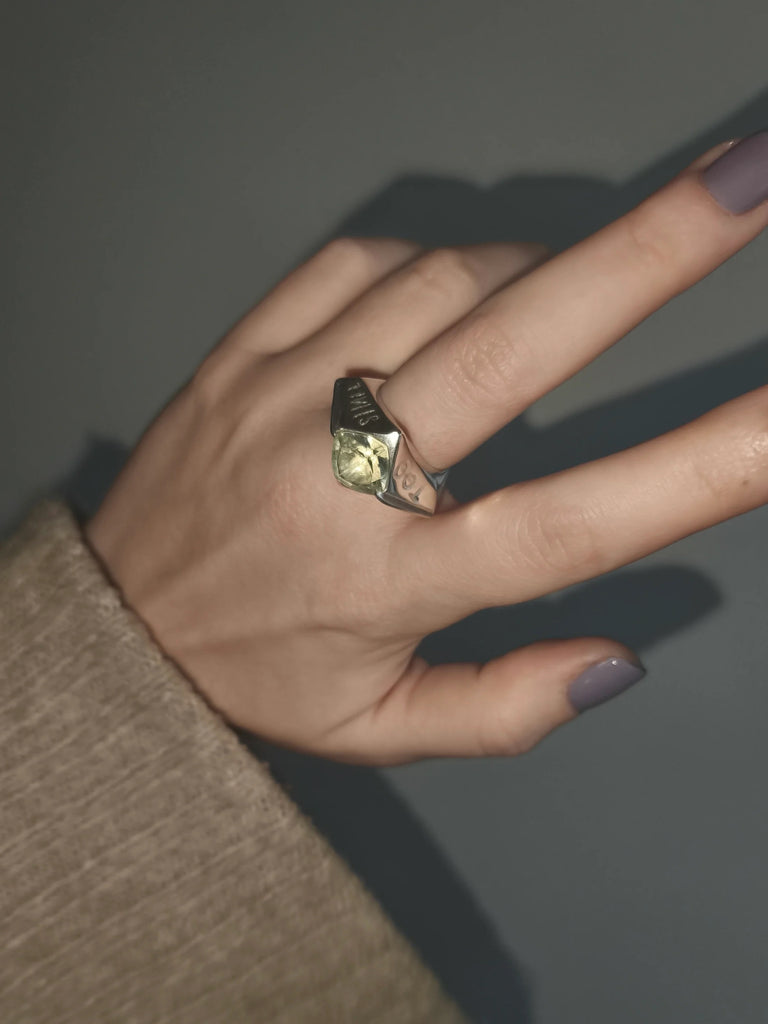 Silver Ring with Prasiolite "This Too Shall Pass"