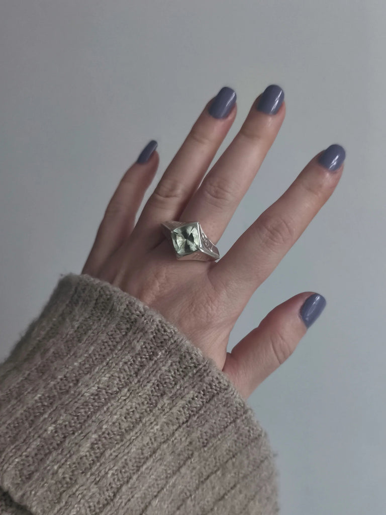 Silver Ring with Prasiolite "This Too Shall Pass"