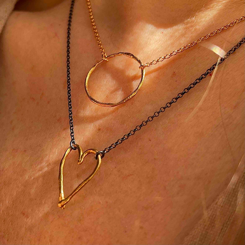 Gold Plated / Oxidised Silver Necklace "Fingerprint Thin Heart"