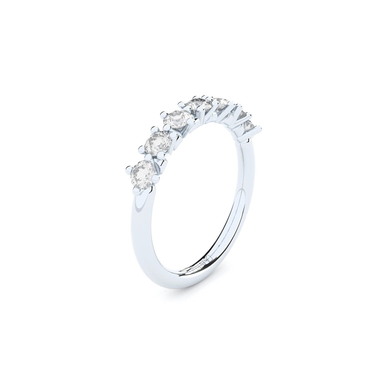 Unique half eternity band handcrafted in white gold. Set with the finest quality laboratory made diamonds.
