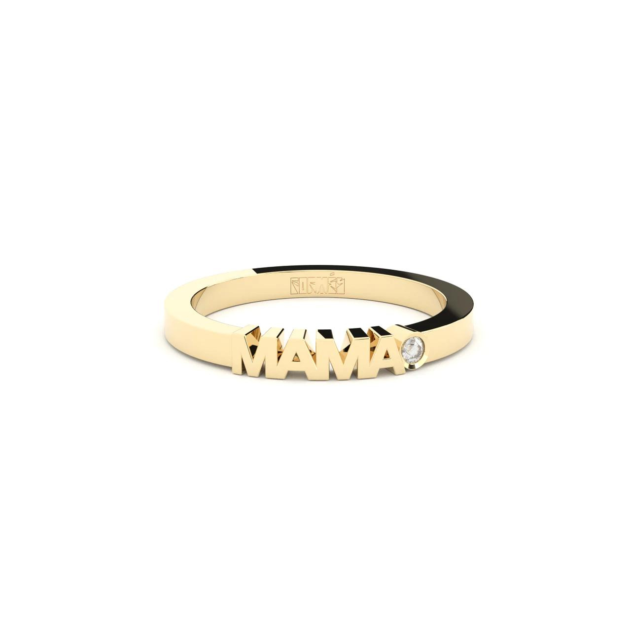 Yellow gold ring with word Mama set with single diamond.