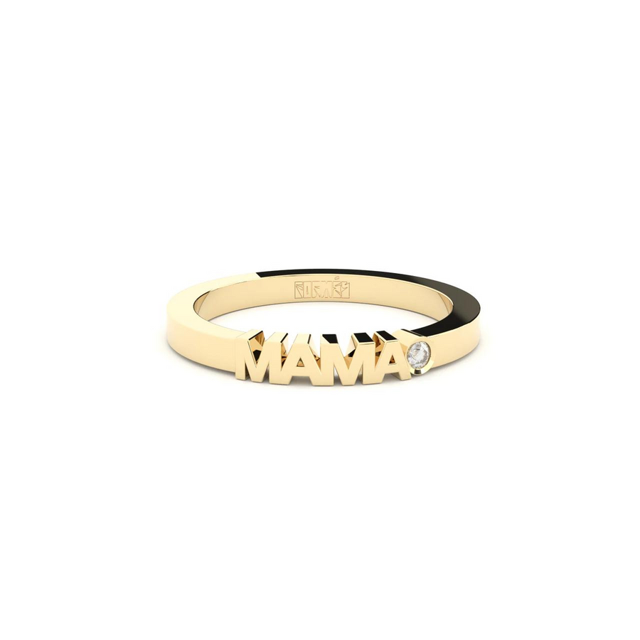 Yellow gold ring with word Mama set with single diamond.