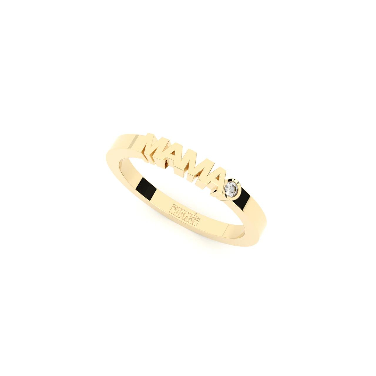 Yellow gold ring with word Mama set with single diamond.