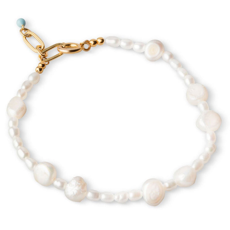 An 18K gold plated bracelet featuring freshwater pearls, with a gold-plated clasp.