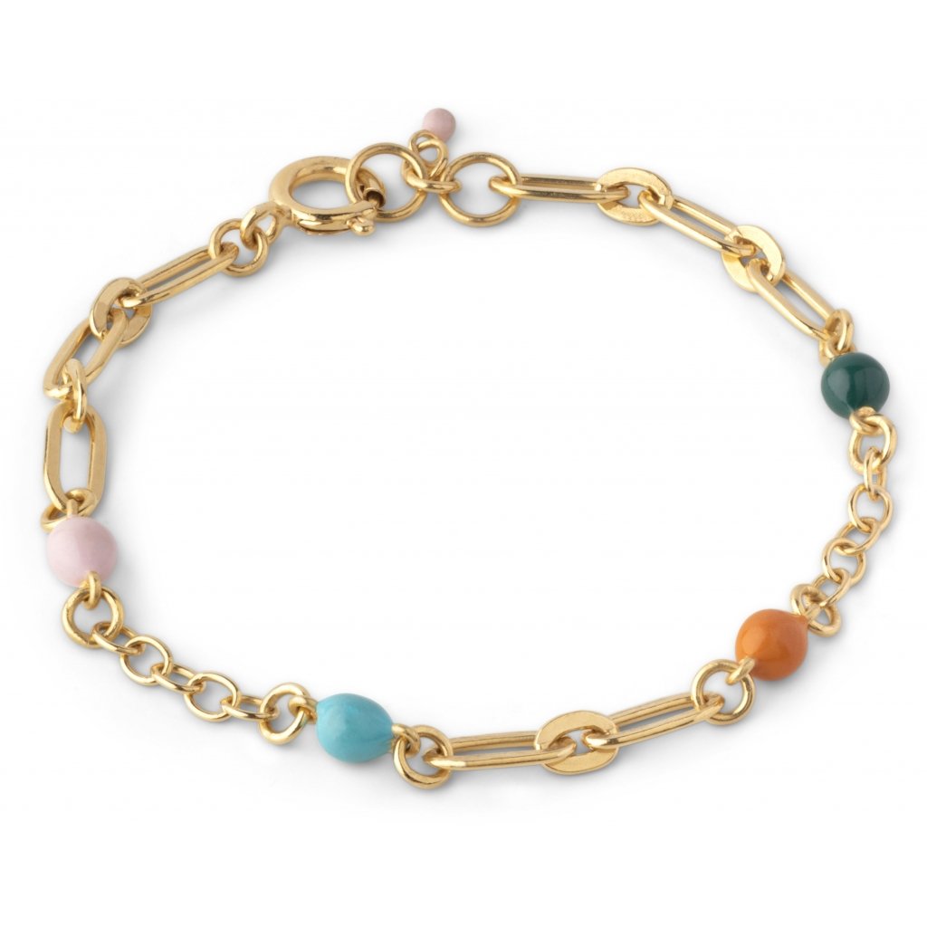 A gold-plated silver bracelet with adjustable chain and small enamel balls in pink, blue, orange, and green colors.