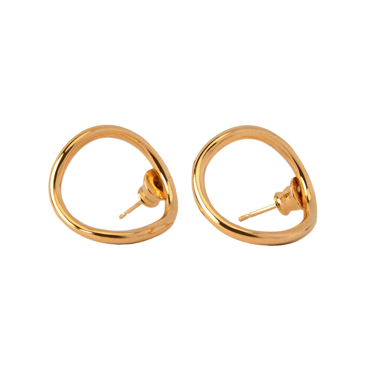 A pair of round, gold-plated silver earrings with a simple design, displayed against a white background.