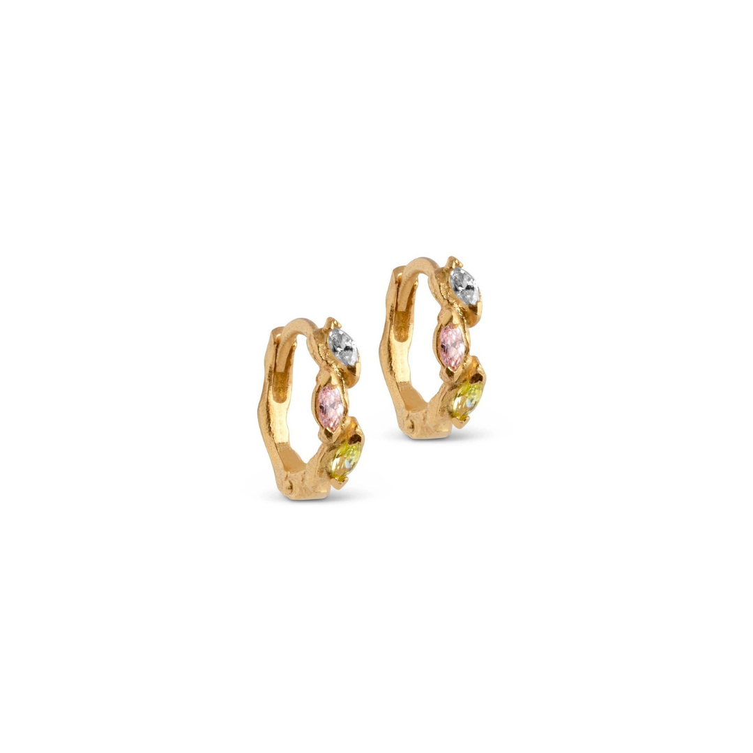 A pair of gold-plated silver hoop earrings with colorful cubic zirconia details.