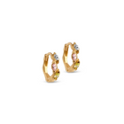 A pair of gold-plated silver hoop earrings with colorful cubic zirconia details.