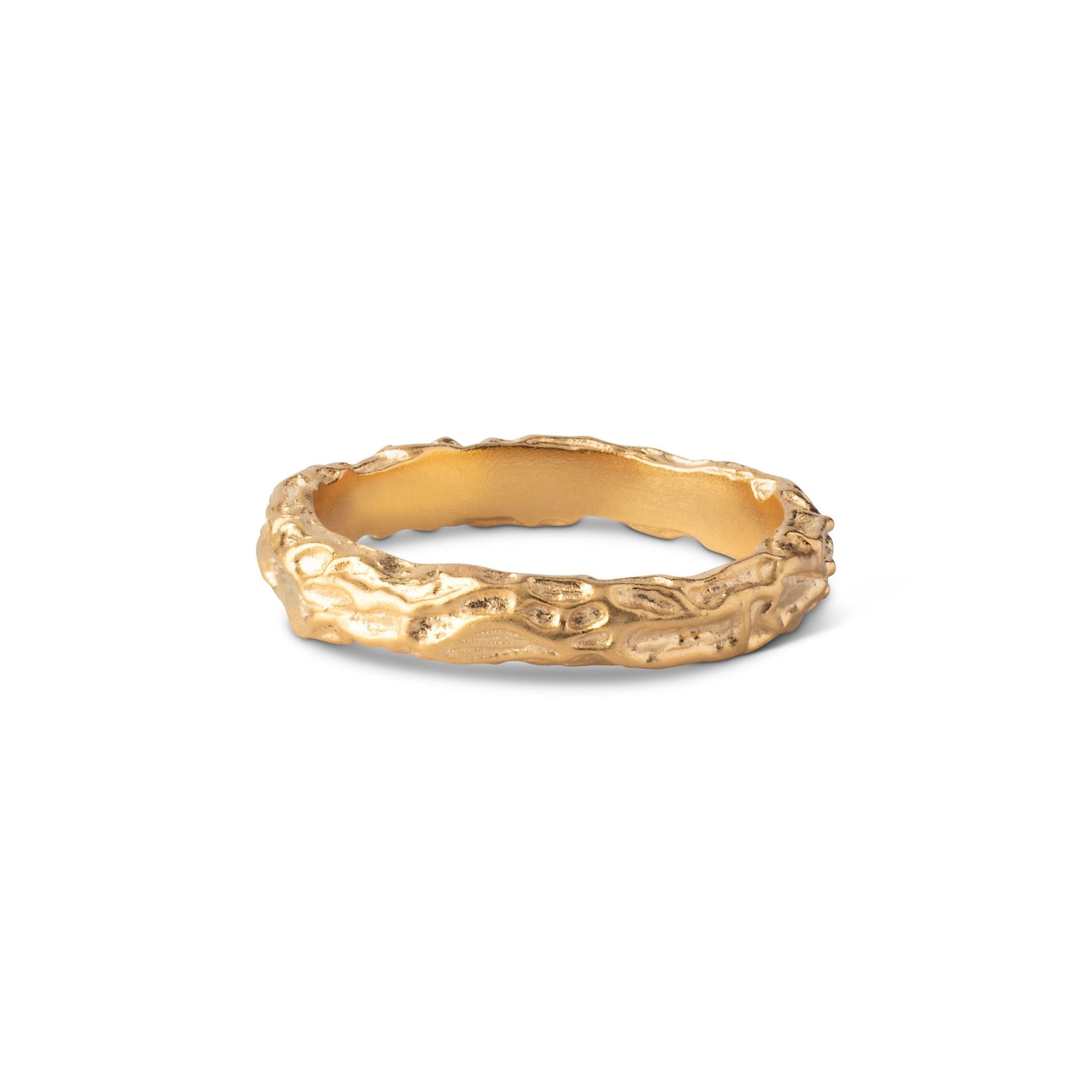 A gold-plated silver ring with a textured band, viewed from a side angle against a white background.