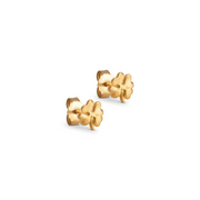 A pair of gold-plated silver stud earrings in an organic clover shape, placed on a white background.