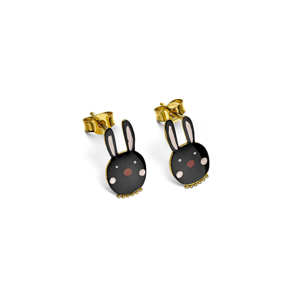 Gold Plated Earrings "Cute Black Bunny"