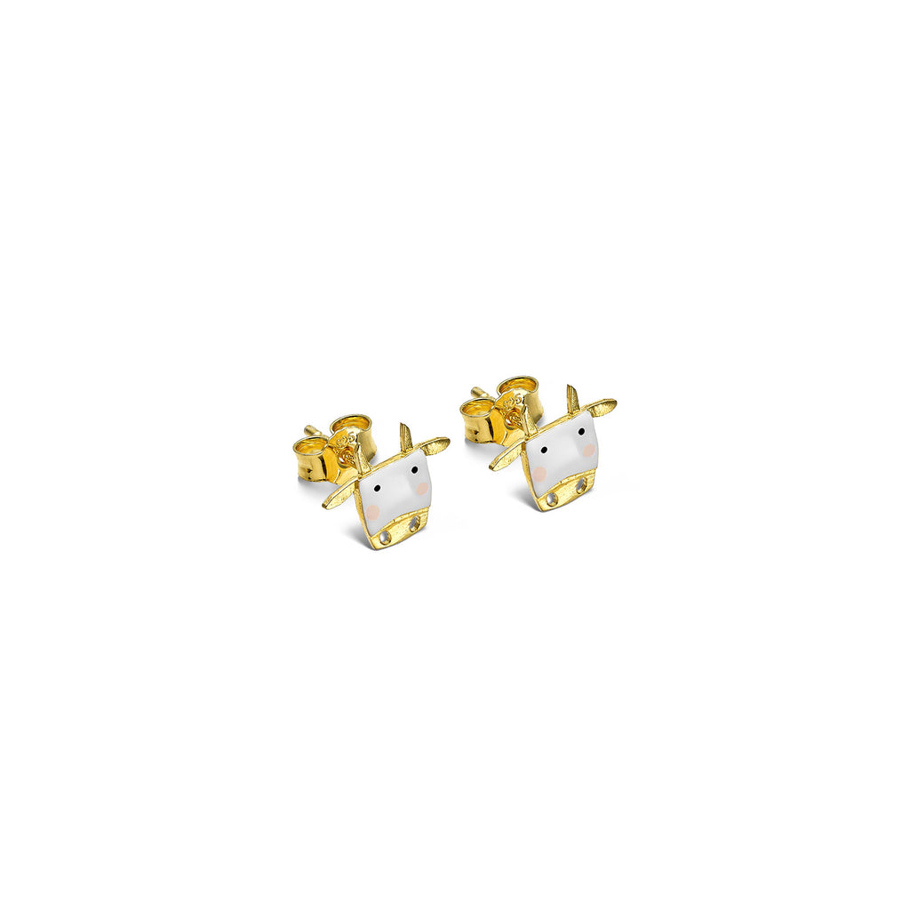 Gold Plated Earrings "Cute White Cow"