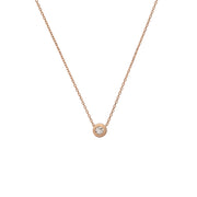A rose gold choker necklace with a single white diamond pendant on a white background.