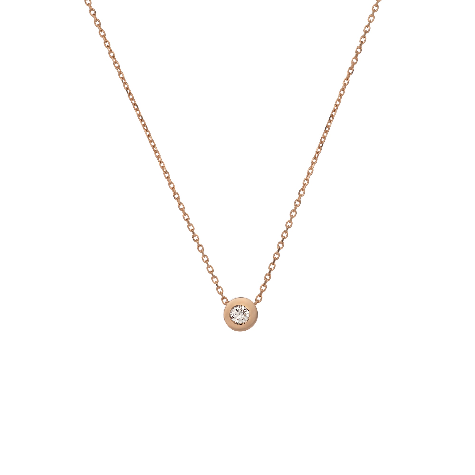 A rose gold choker necklace with a single white diamond pendant on a white background.