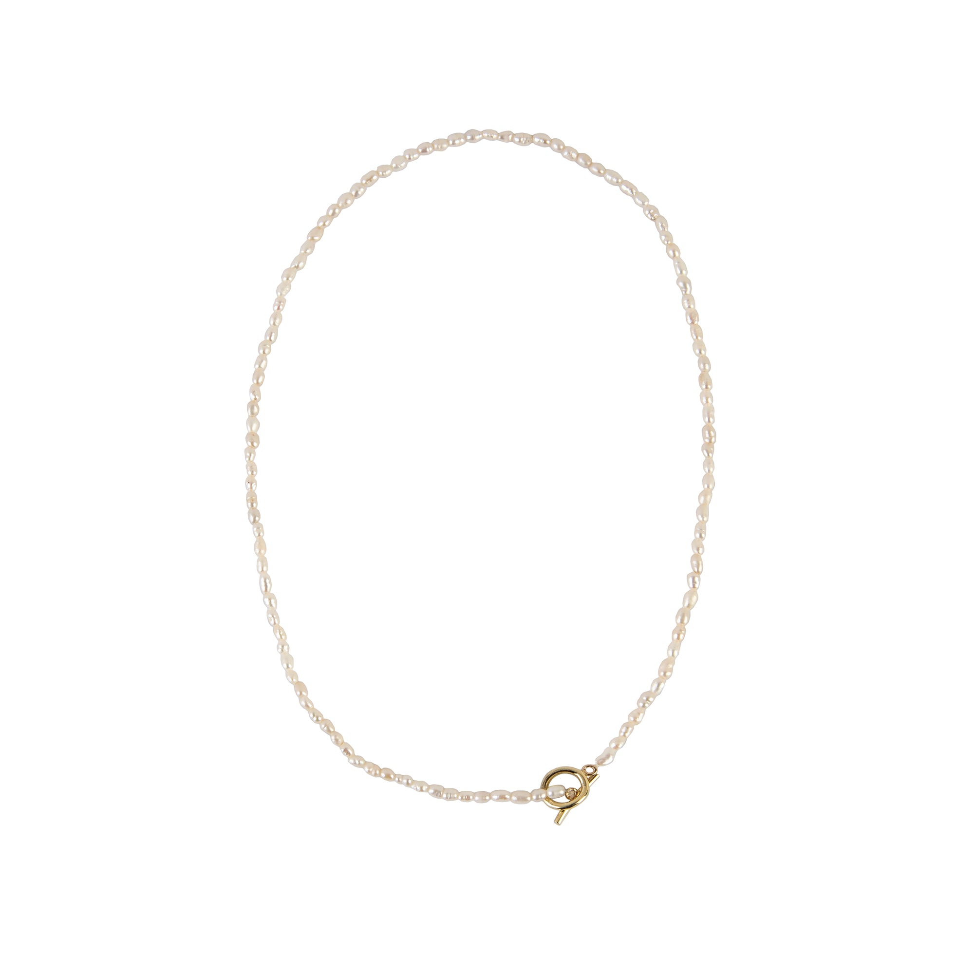 Delicate freshwater pearl necklace featuring organically shaped pearls and a minimalist yellow gold clasp against white background.