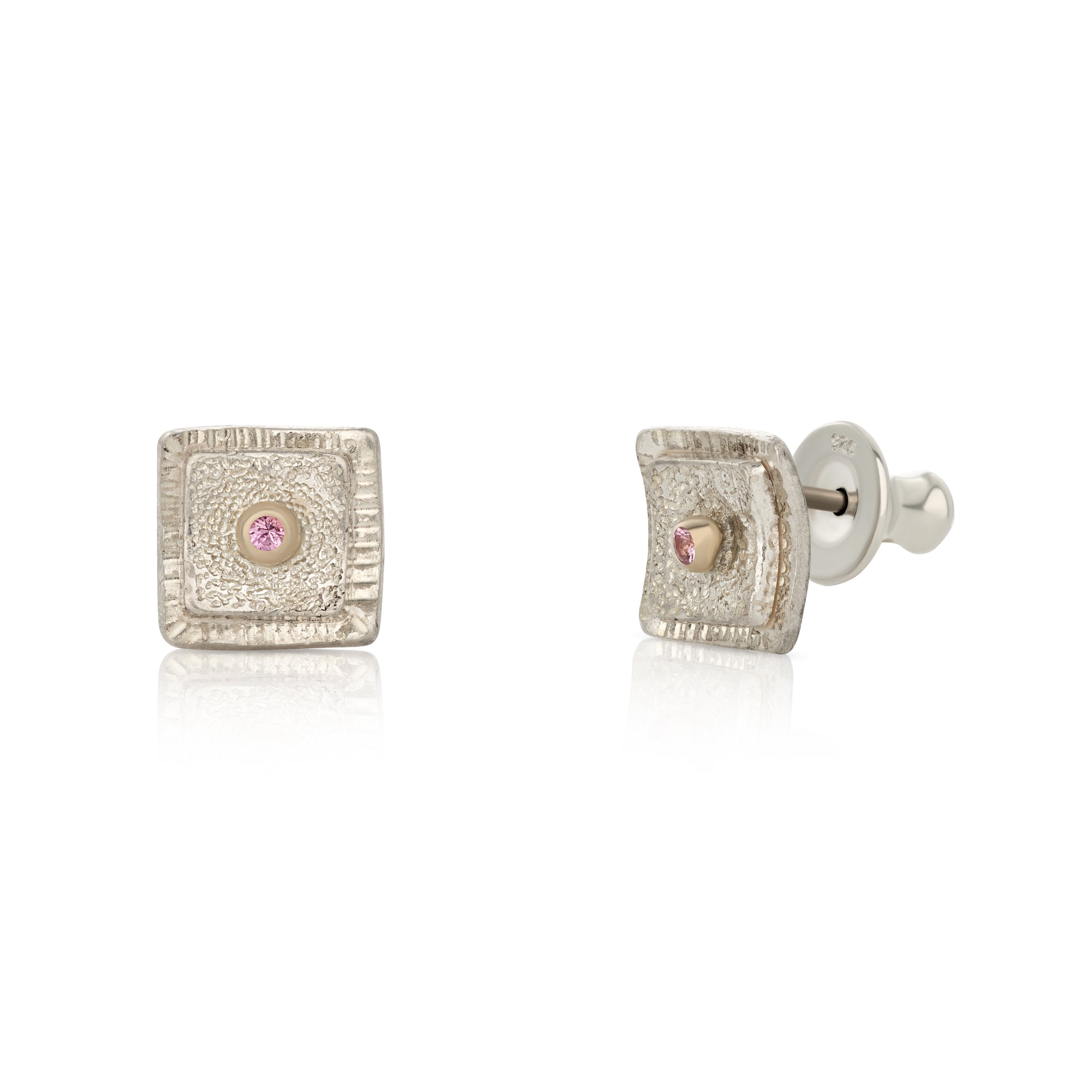 A pair of silver earrings with pink sapphires, designed by Ramunas Bil, from the Candy collection.