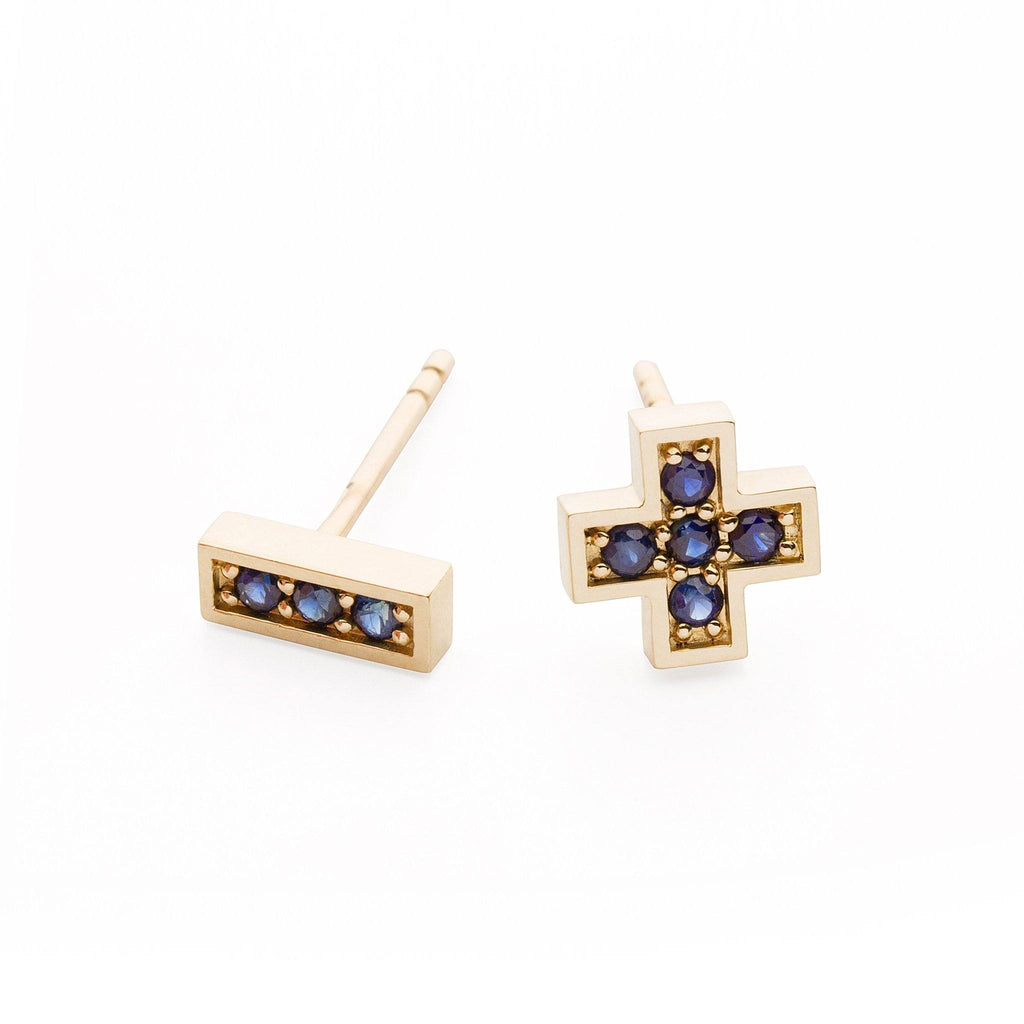 Earrings - 14k Gold Stud Earrings With Blue Sapphires "Plus Minus"