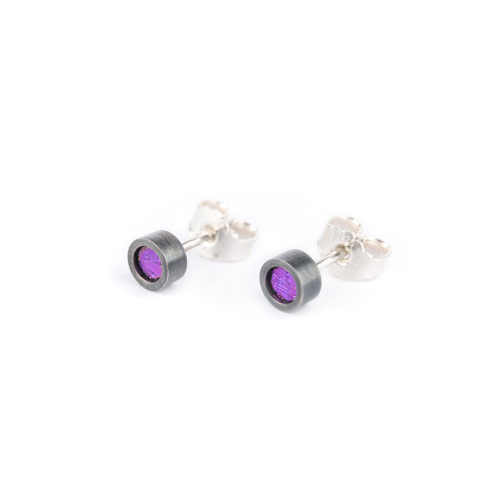 Earrings - Oxidised Silver Studs With Violet Niobium