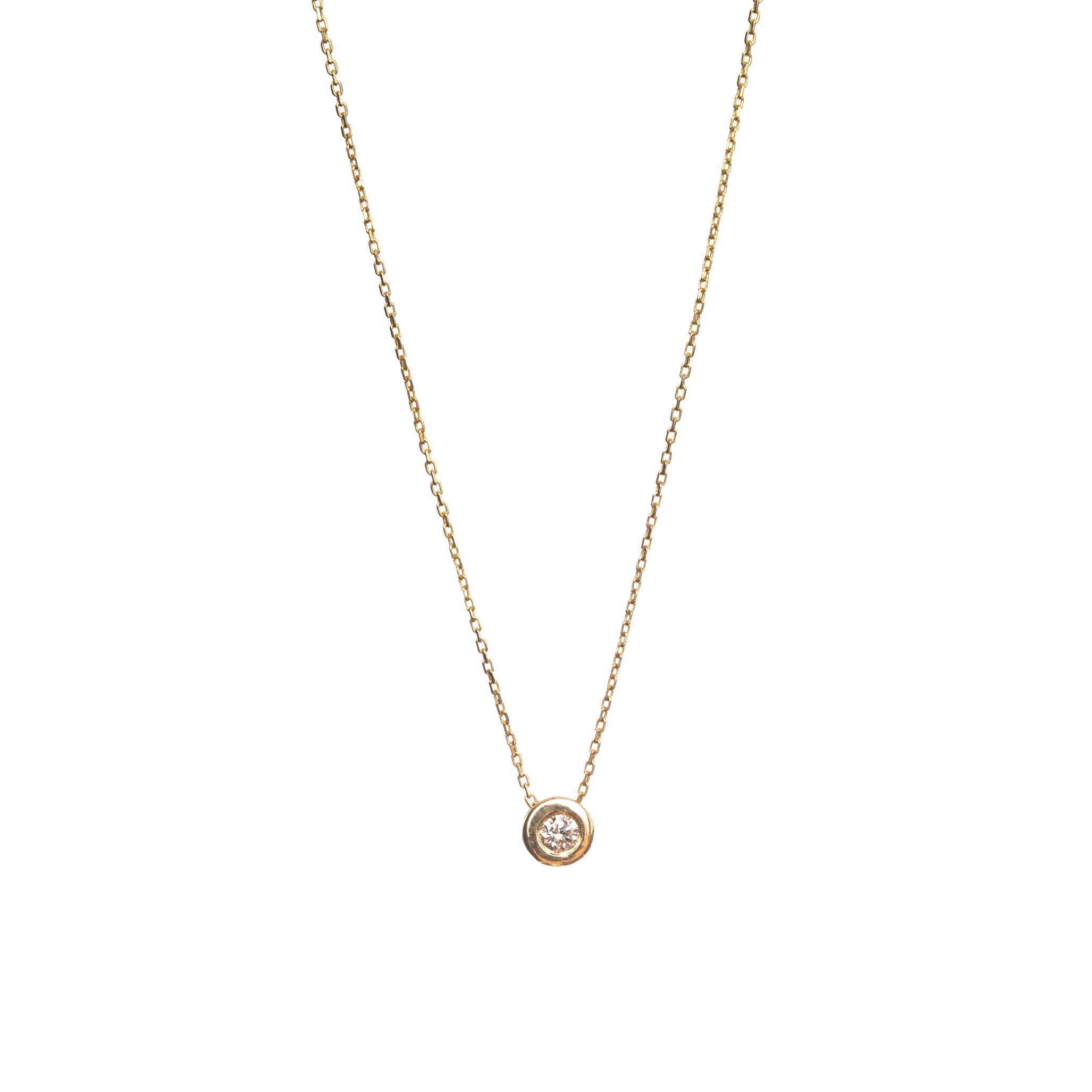 A simple gold choker necklace with a small diamond pendant in the center, presented on a white background.